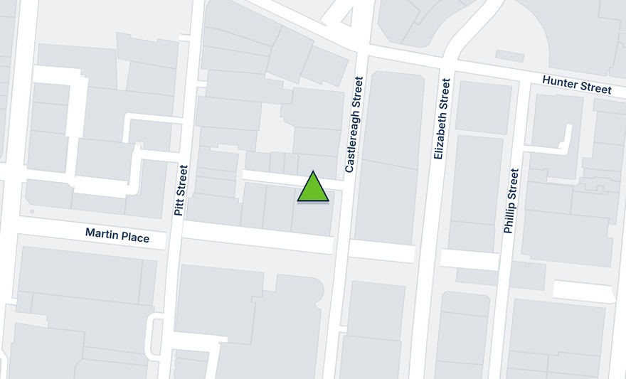 Street map of central Sydney. A green marker sits on the northern side of Martin Place, between Pitt Street and Castlereagh Street, with Hunter Street to the north and Elizabeth Street to the east.